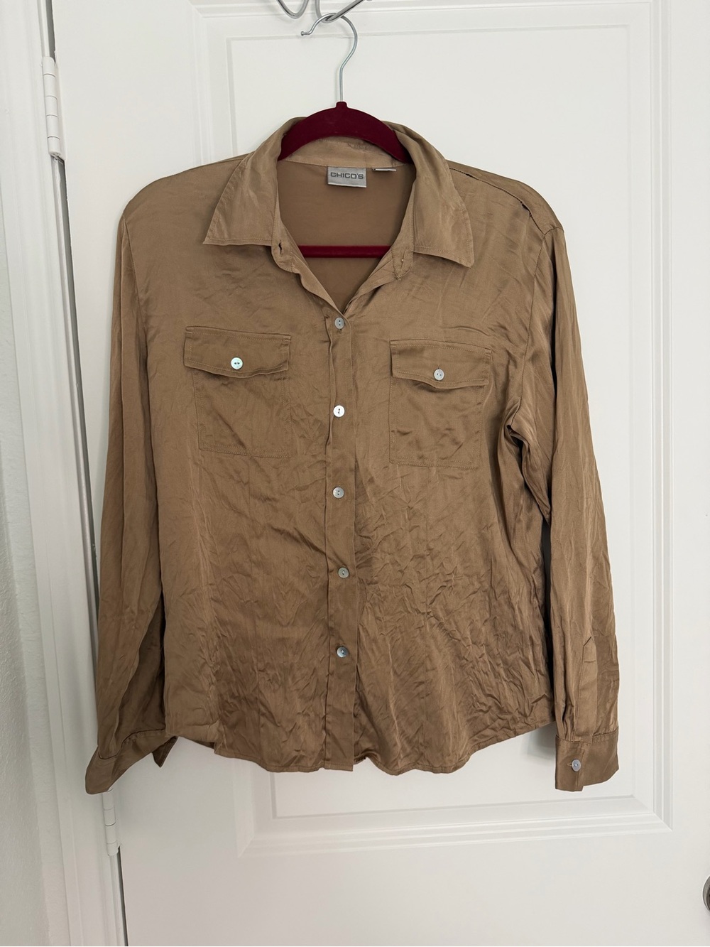 95% silk Chico's Tan Button-Front Utility Shirt